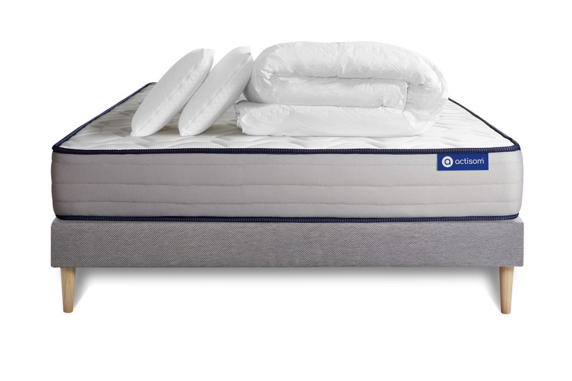 Pack lit complet 200x200 cm - Matelas + Sommier Gris (en kit) + 2 oreillers + Couette - Actilatex Form