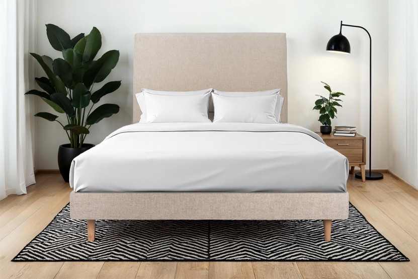 Lit 200x200 cm avec Tête de lit tapissée - Tissu Toile natté Beige Brun