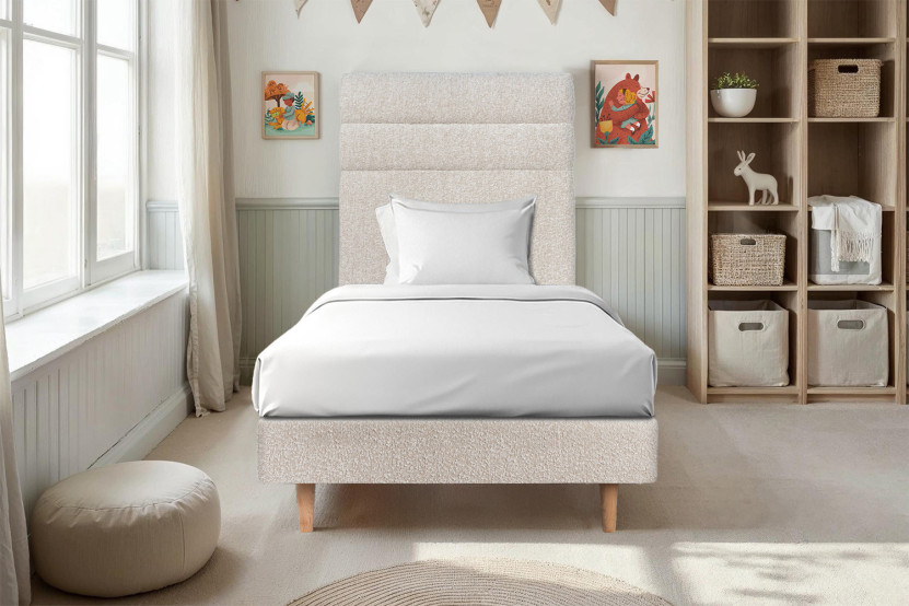 Lit 90x200 cm avec Tête de lit à lignes - Tissu Bouclette Beige Clair