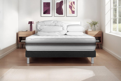 Pack lit complet 180x200 cm - Matelas + Sommier Noir (en kit) + 2 oreillers + Couette - Vitalmemo Back