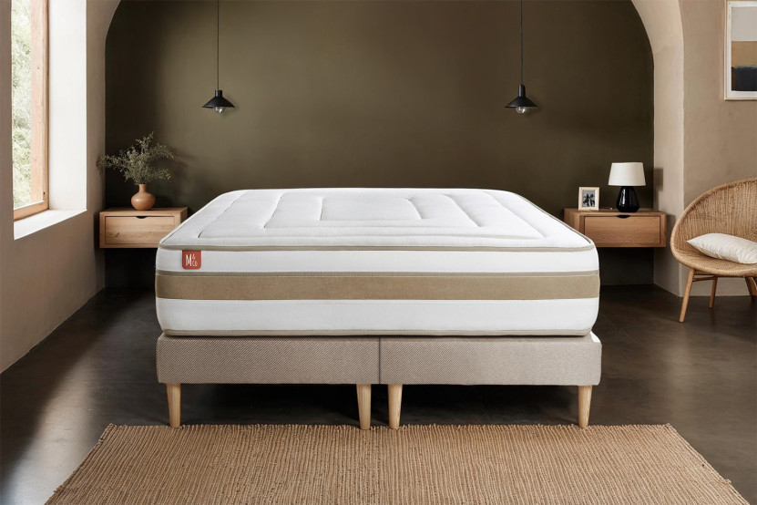 Pack lit complet 200x200 cm - Matelas + 2 Sommiers Beiges + 2 oreillers + Couette - Le Raffiné