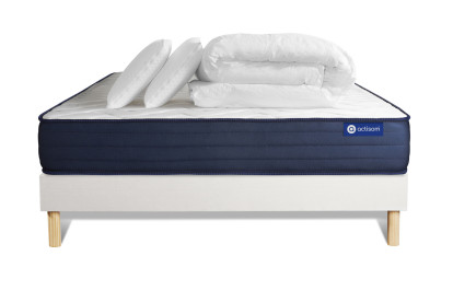 Pack lit complet 200x200 cm - Matelas + Sommier Blanc (en kit) + 2 oreillers + Couette - Actimemo Life