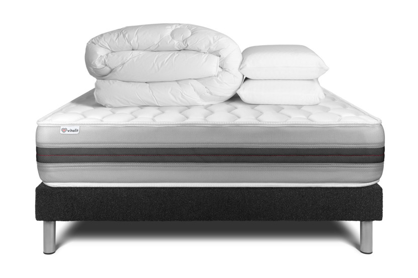 Pack lit complet 200x200 cm - Matelas + Sommier Noir (en kit) + 2 oreillers + Couette - Vitalspring Recover