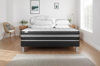 Pack lit complet 140x190 cm - Matelas + Sommier Noir (en kit) + 2 oreillers + Couette - Vitalspring Zen
