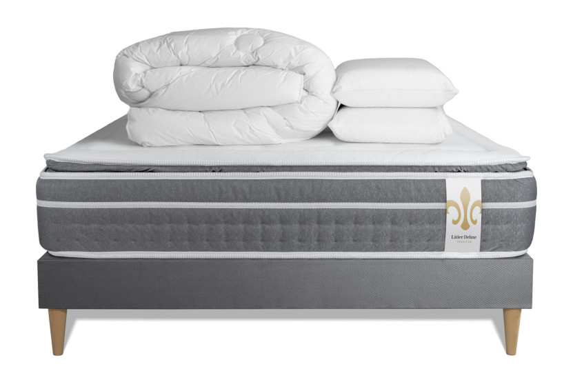 Pack lit complet 140x190 cm - Matelas + Sommier Gris (en kit) + 2 oreillers + Couette - Trente PLUS