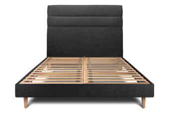 Lit 200x200 cm avec Tête de lit à lignes - Tissu Toile natté Noir Lit 200x200 cm avec Tête de lit à lignes - Tissu Toile natté Noir