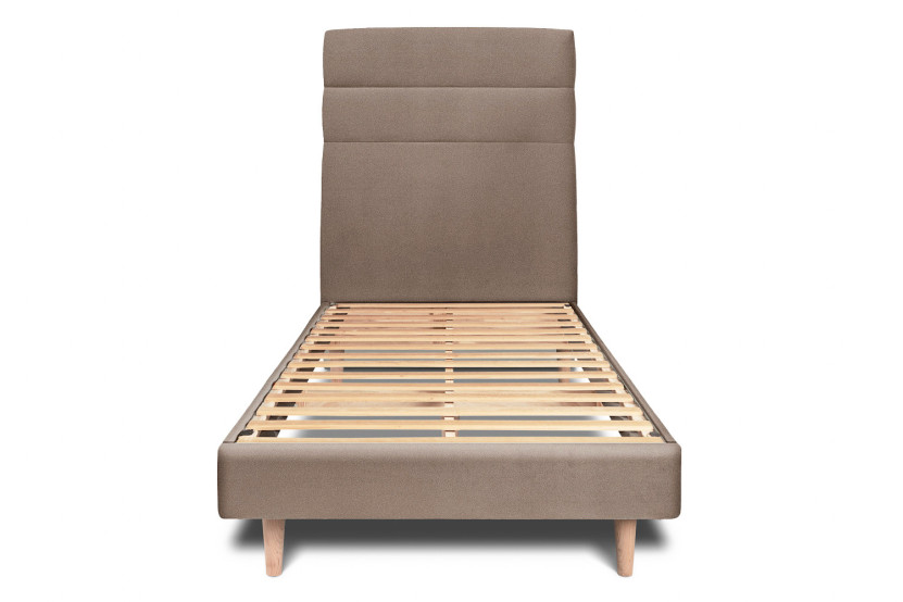 Lit 90x190 cm avec Tête de lit à lignes - Tissu Velours Taupe
