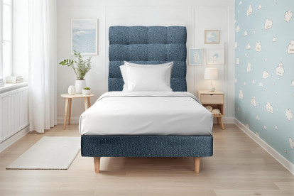 Lit 90x200 cm - Sommier tapissier H29 cm + tête de lit capitonnée - Tissu Bouclette Bleu