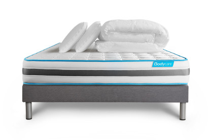 Pack lit complet 140x190 cm - Matelas + Sommier Gris + 2 oreillers + Couette - Bodyzone