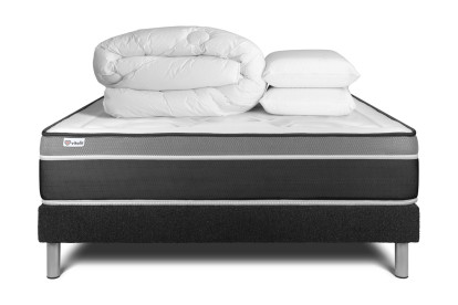 Pack lit complet 200x200 cm - Matelas + Sommier Noir (en kit) + 2 oreillers + Couette - Vital Care
