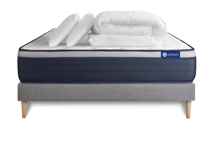 Pack lit complet 200x200 cm - Matelas + Sommier Gris (en kit) + 2 oreillers + Couette - Actimemo Max