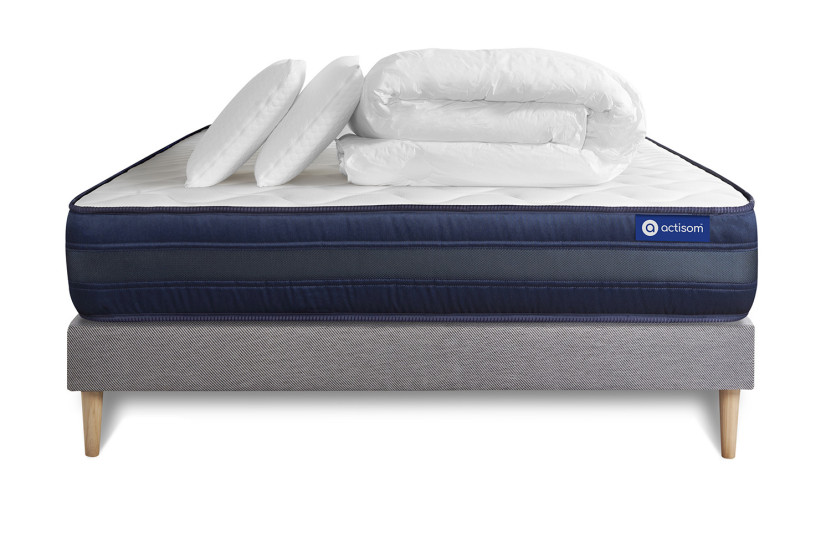 Pack lit complet 200x200 cm - Matelas + Sommier Gris (en kit) + 2 oreillers + Couette - Actimemo Tech