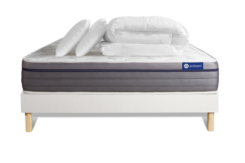 Pack lit complet 160x200 cm - Matelas + Sommier Blanc (en kit) + 2 oreillers + Couette - Actiflex Zen