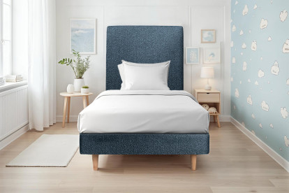Lit 90x190 cm - Sommier tapissier H29 cm + tête de lit tapissée - Tissu Bouclette Bleu