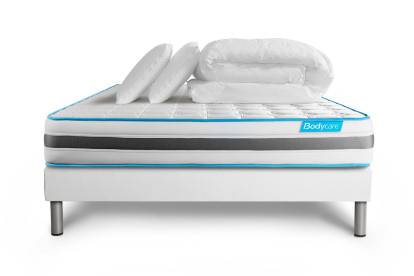 Pack lit complet 140x190 cm - Matelas + Sommier Blanc + 2 oreillers + Couette - Bodyzone