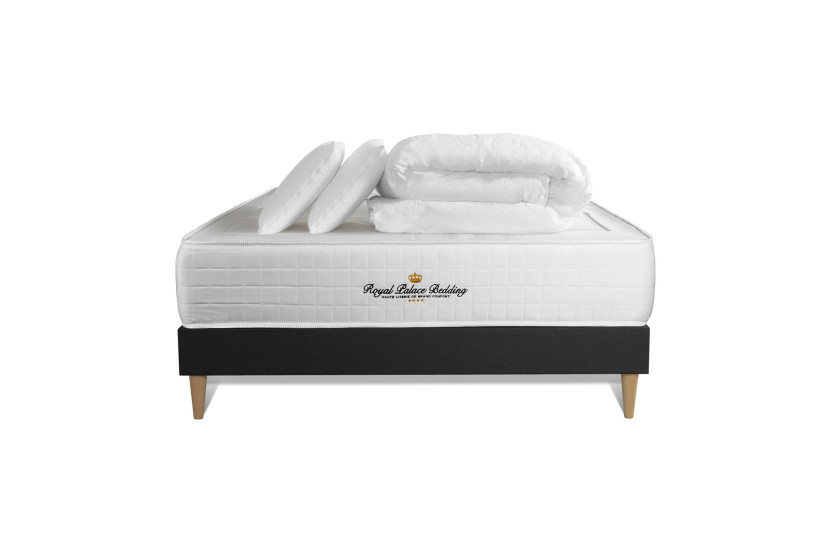 Pack lit complet 140x190 cm - Matelas + Sommier Noir + 2 oreillers + Couette - Windsor