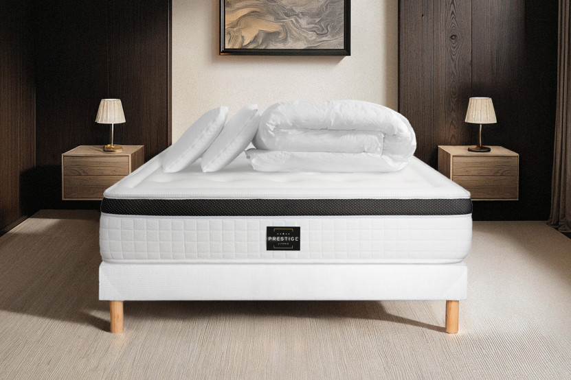 Pack lit complet 180x200 cm - Matelas + Sommier Blanc (en kit) + 2 oreillers + Couette - Privilège