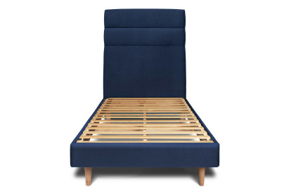 Lit 90x200 cm - Sommier à lattes H29 cm + tête de lit à lignes - Tissu Velours Bleu Océan