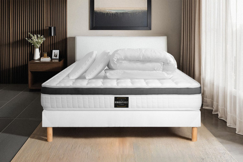 Pack lit complet 140x190 cm - Matelas + Sommier Blanc + 2 oreillers + Couette - Supérieur