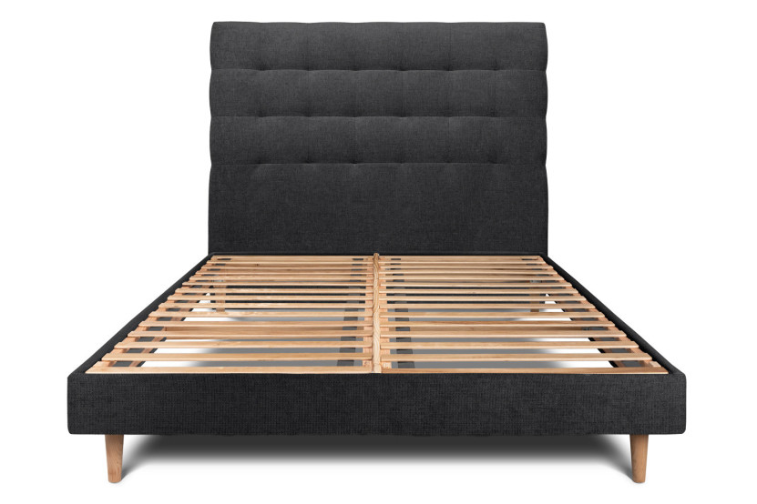Lit 140x190 cm avec Tête de lit capitonnée - Tissu Toile natté Noir