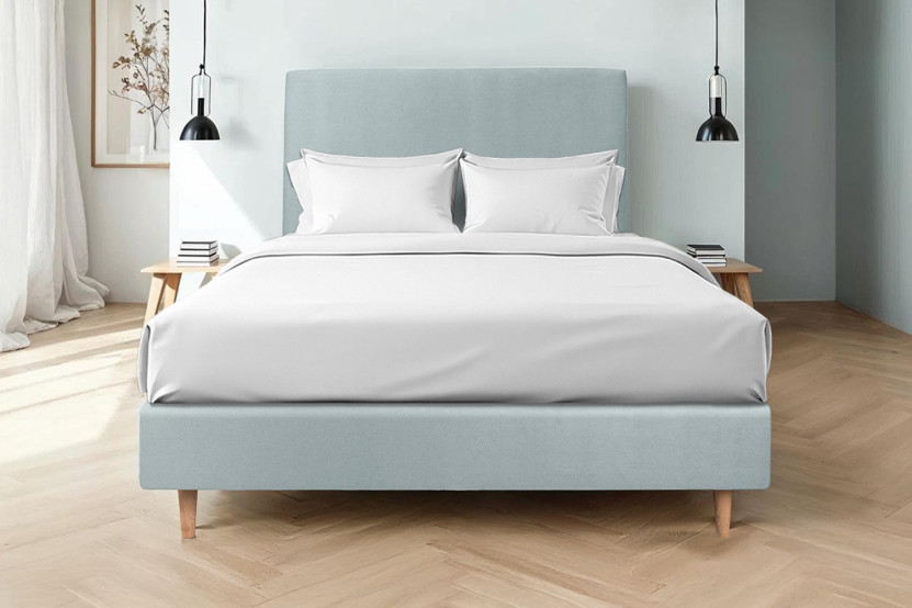 Lit 150x190 cm avec Tête de lit tapissée - Tissu Velours Gris Bleuté