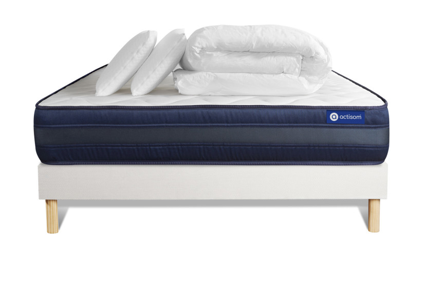 Pack lit complet 180x200 cm - Matelas + Sommier Blanc (en kit) + 2 oreillers + Couette - Actiflex Tech