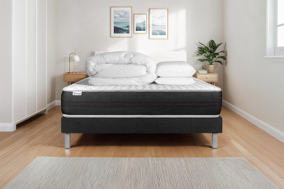 Pack lit complet 200x200 cm - Matelas + Sommier Noir (en kit) + 2 oreillers + Couette - Vitalspring