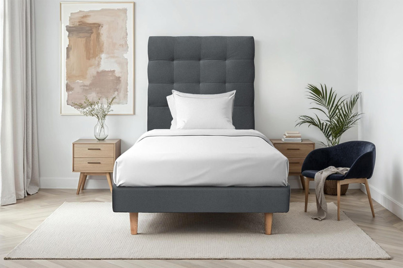 Lit 90x200 cm avec Tête de lit capitonnée - Tissu Velours Gris Anthracite