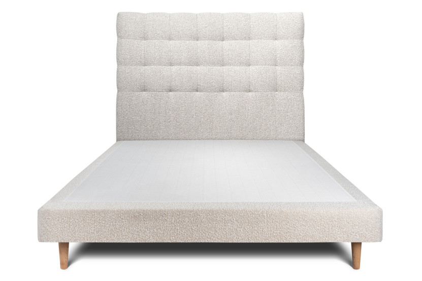 Lit 135x190 cm avec Tête de lit capitonnée - Tissu Bouclette Beige Clair