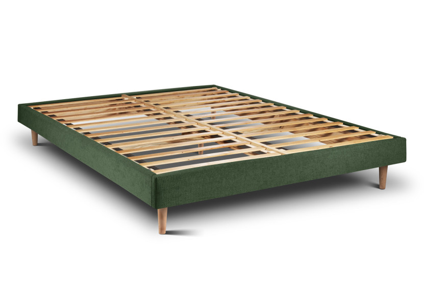 Lit 135x190 cm avec Tête de lit à lignes - Tissu Toile natté Vert Kaki