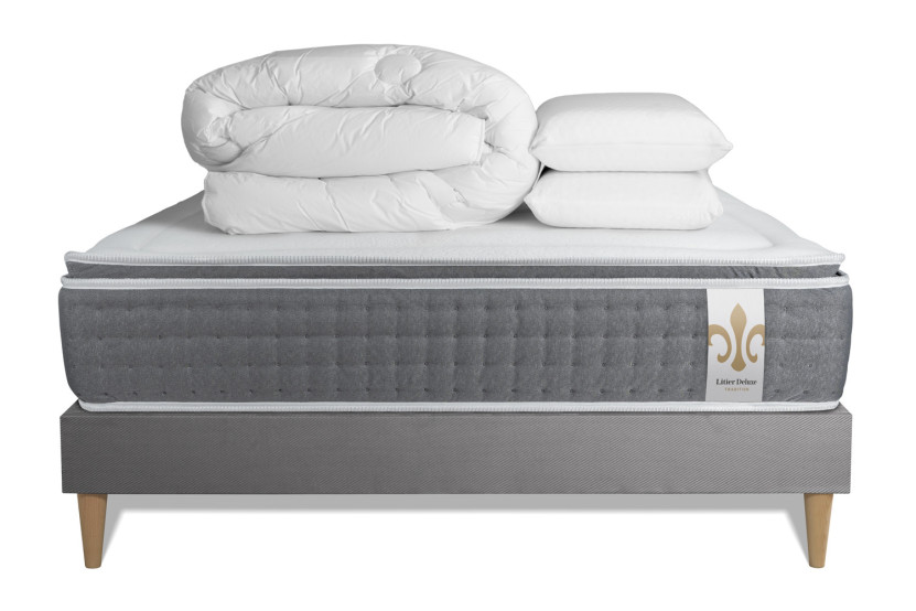 Pack lit complet 180x200 cm - Matelas + Sommier Gris (en kit) + 2 oreillers + Couette - Vingt-Six PLUS