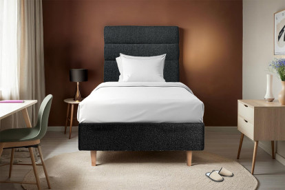 Lit 90x190 cm - Sommier tapissier H35 cm + tête de lit à lignes - Tissu Bouclette Noir