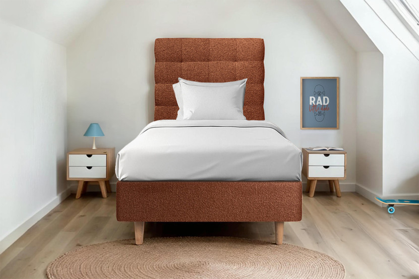 Lit 90x200 cm avec Tête de lit capitonnée - Tissu Bouclette Terracotta