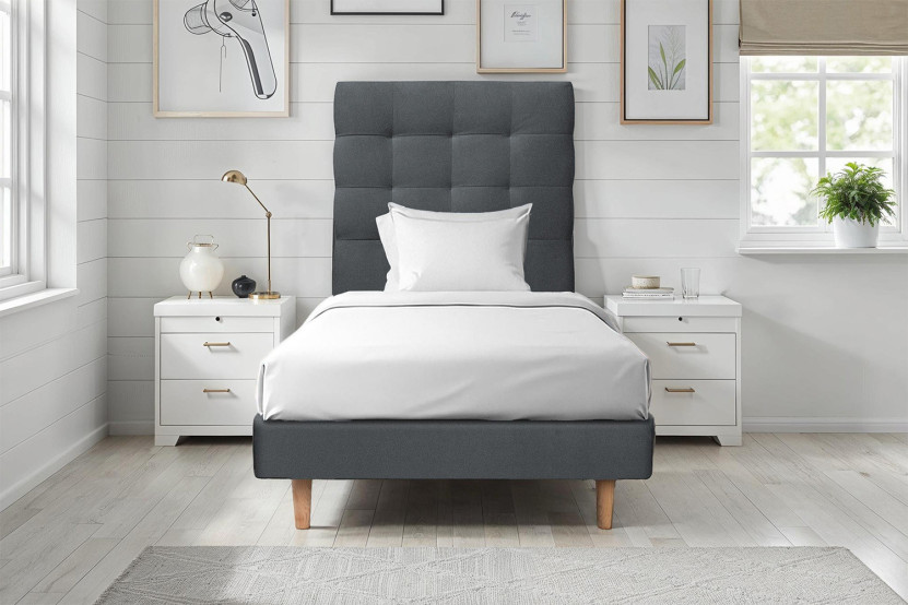 Lit 90x190 cm avec Tête de lit capitonnée - Tissu Velours Gris Anthracite