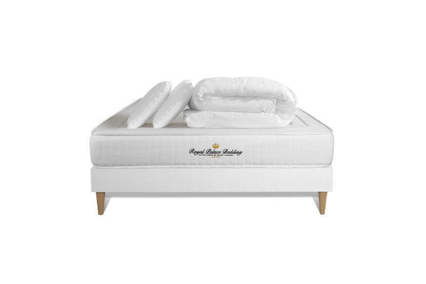 Pack lit complet 140x200 cm - Matelas + Sommier Blanc (en kit) + 2 oreillers + Couette - Nottingham