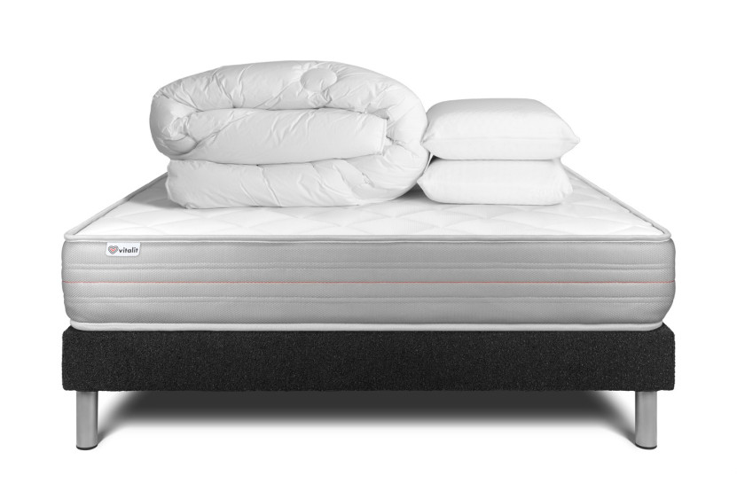 Pack lit complet 200x200 cm - Matelas + Sommier Noir (en kit) + 2 oreillers + Couette - Vitalmemo