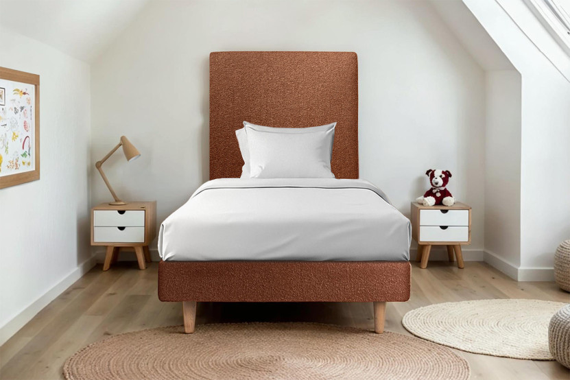 Lit 90x190 cm avec Tête de lit tapissée - Tissu Bouclette Terracotta