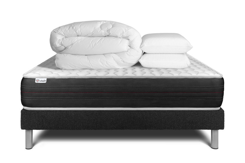 Pack lit complet 180x200 cm - Matelas + Sommier Noir (en kit) + 2 oreillers + Couette - Vitalspring