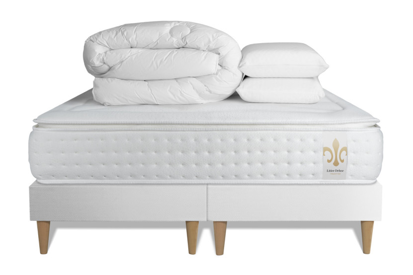 Pack lit complet 180x200 cm - Matelas + 2 Sommiers Blancs + 2 oreillers + Couette - Vingt-Quatre PLUS
