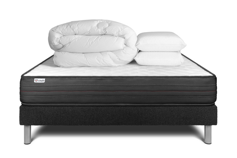 Pack lit complet 160x200 cm - Matelas + Sommier Noir (en kit) + 2 oreillers + Couette - Vitalpower