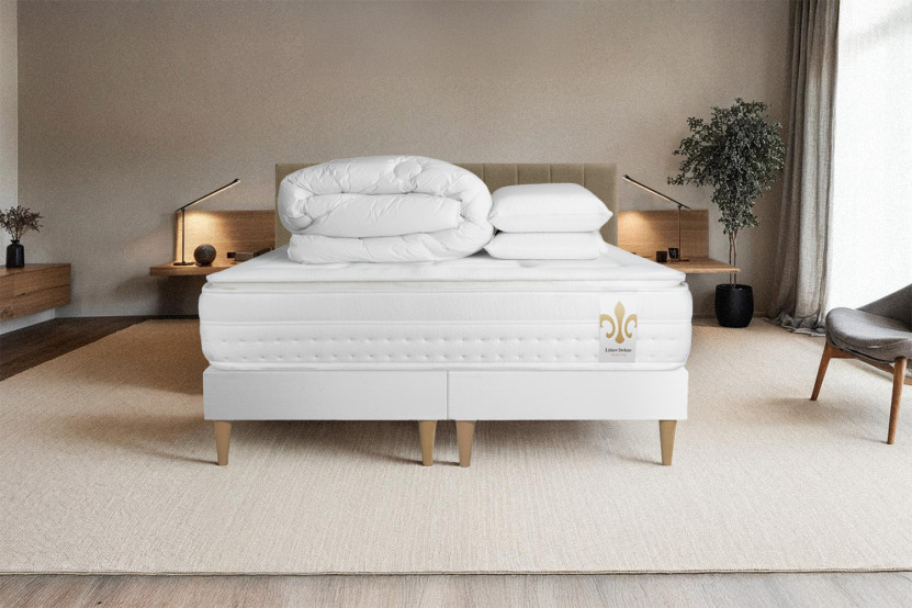 Pack lit complet 160x200 cm - Matelas + 2 Sommiers Blancs + 2 oreillers + Couette - Vingt-Huit PLUS