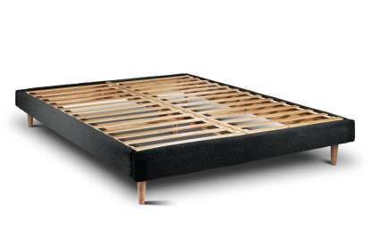 Lit 160x200 cm - Sommier à lattes H29 cm + tête de lit à lignes - Tissu Bouclette Noir