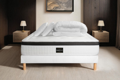 Pack lit complet 160x200 cm - Matelas + Sommier Blanc + 2 oreillers + Couette - Privilège
