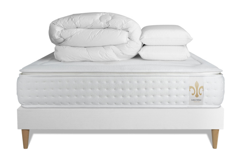 Pack lit complet 180x200 cm - Matelas + Sommier Blanc (en kit) + 2 oreillers + Couette - Vingt-Quatre PLUS