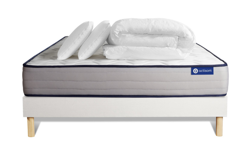 Pack lit complet 140x200 cm - Matelas + Sommier Blanc (en kit) + 2 oreillers + Couette - Actiflex Form