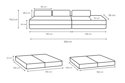 Canapé 5 places - 2 modules convertibles : Canapé 3 places + Canapé 2 places - Tissu lisse Gris
