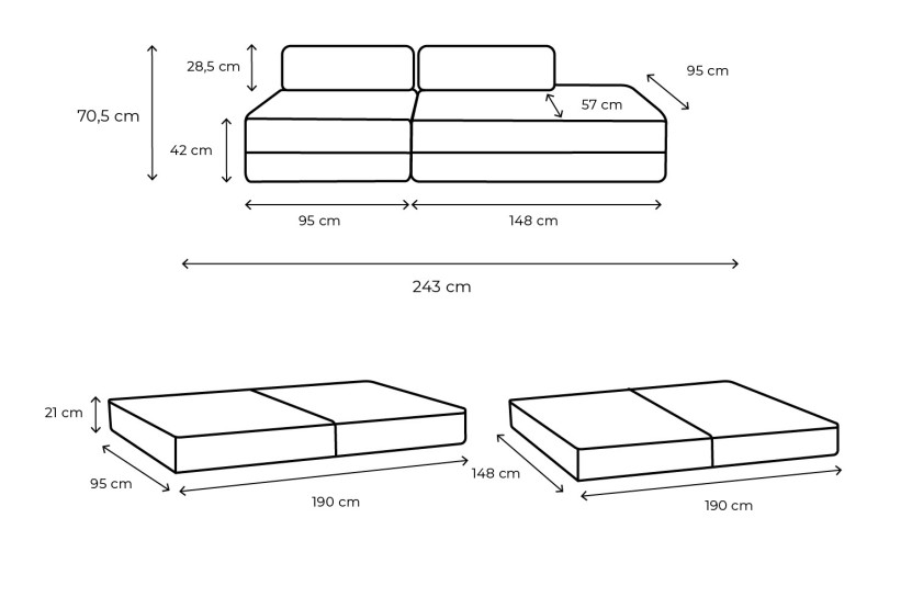 Canapé droit convertible 3 places - Tissu lisse - Gris clair