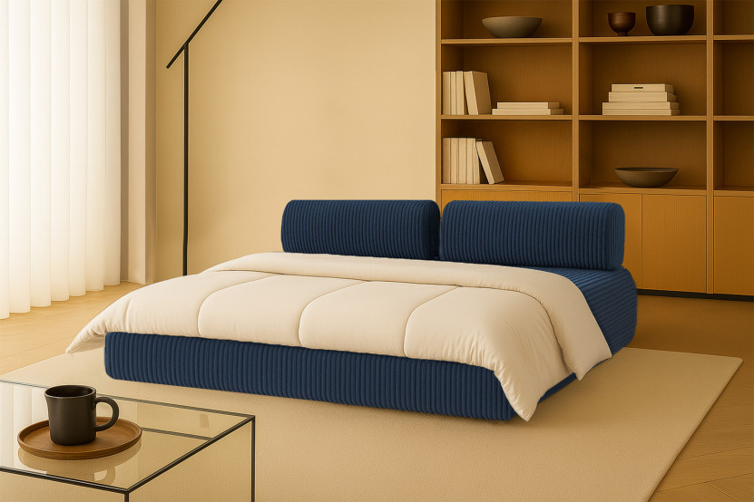 Canapé droit convertible 3 places - Velours côtelé XL - Bleu