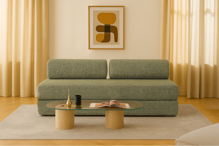 Canapé droit convertible 3 places - Tissu tweed - Vert