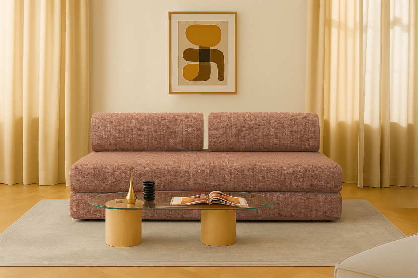 Canapé droit convertible 3 places - Tissu tweed - Rouge